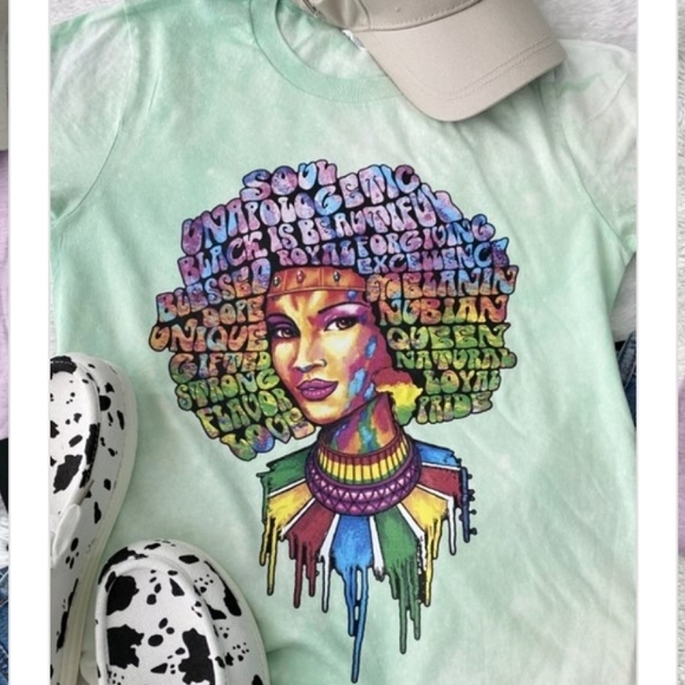 Stunning Afro Lady Bleach Washed Mint Green Graphic Tee